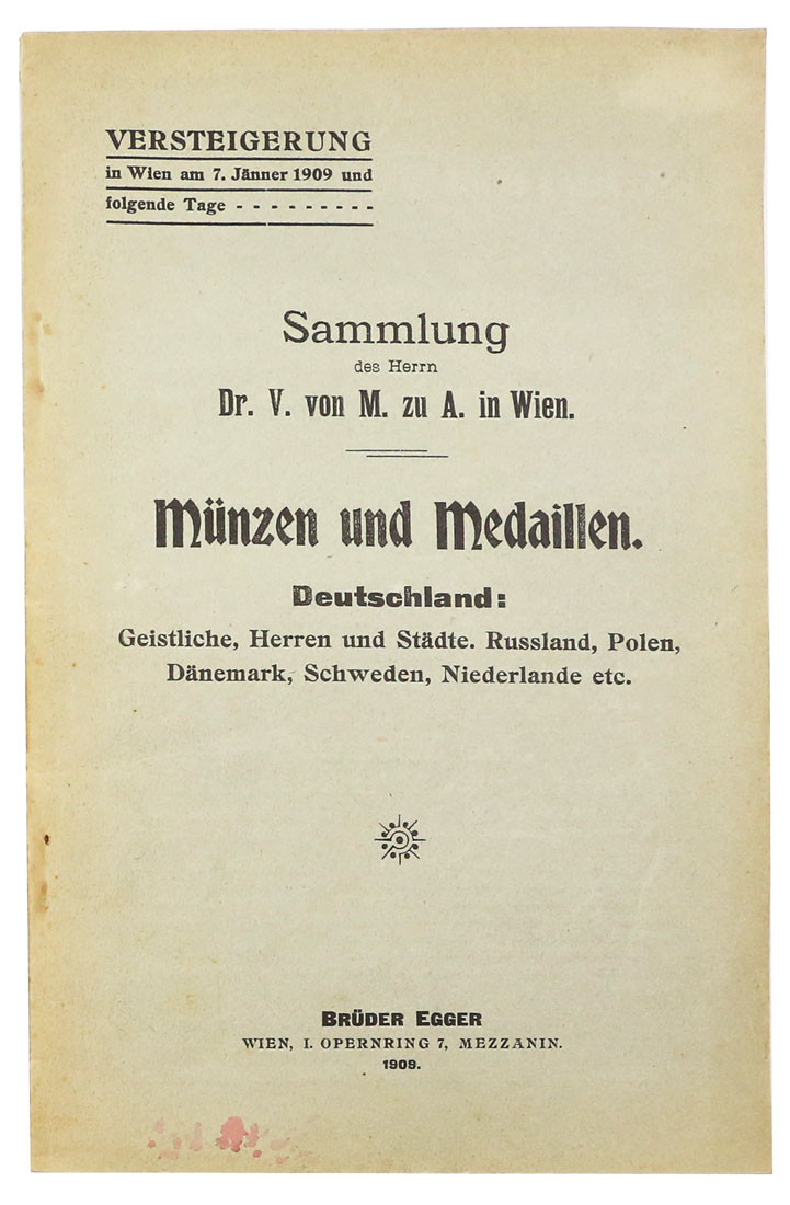 Katalog aukcyjny Brüder Egger „Münzen u. Medaillen Rüssland, Polen, Danemark, Schweden Niederlande etc.” 7. Janner 1909 Wien.